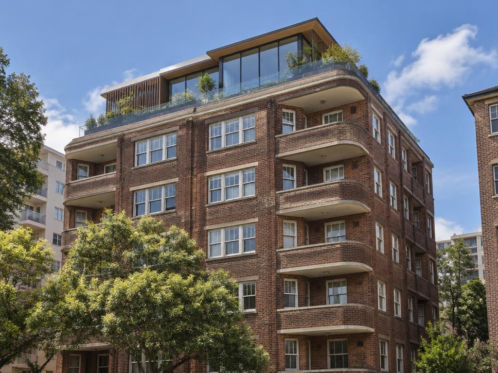 Brick apartment block with a glass rooftop addition built above the original roofline