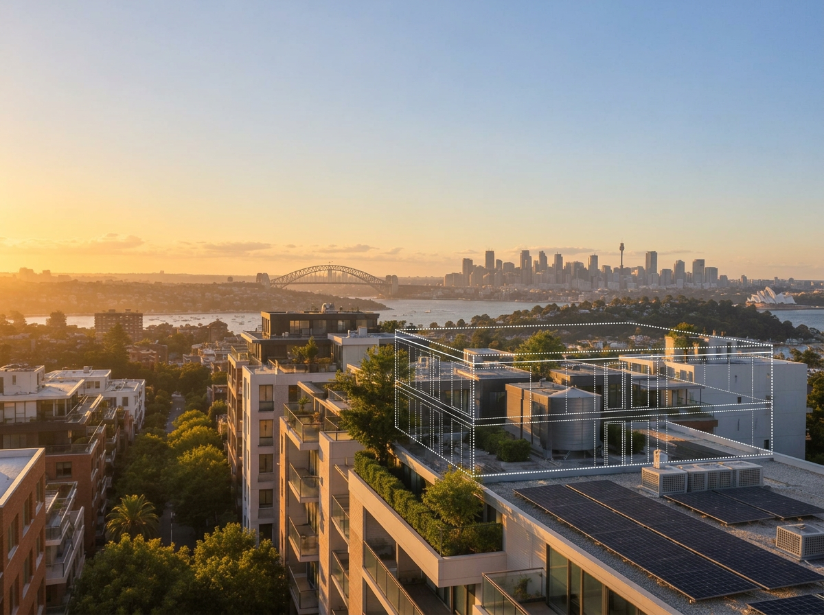 Aerial view along Sydney apartment rooftops with clear open sky above them